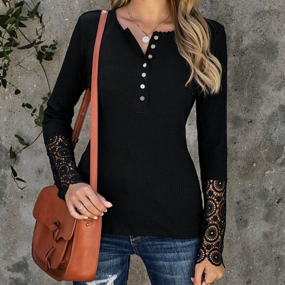 Tops - NWOT Women's Black Lace-Sleeve Henley Top